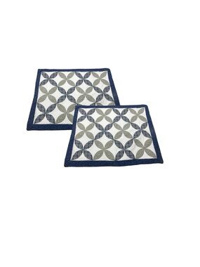 2 Cannon Blue White Geometric Quilted Pillow Shams Cases Boho Cottage Chic